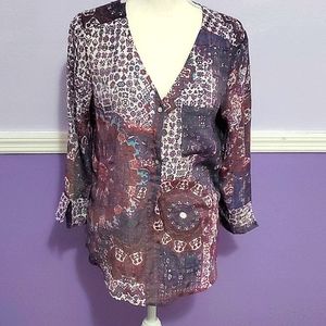 Fred David Boho Hippie Purple Patchwork Bandana Oversized Quarter Buttoned Top S